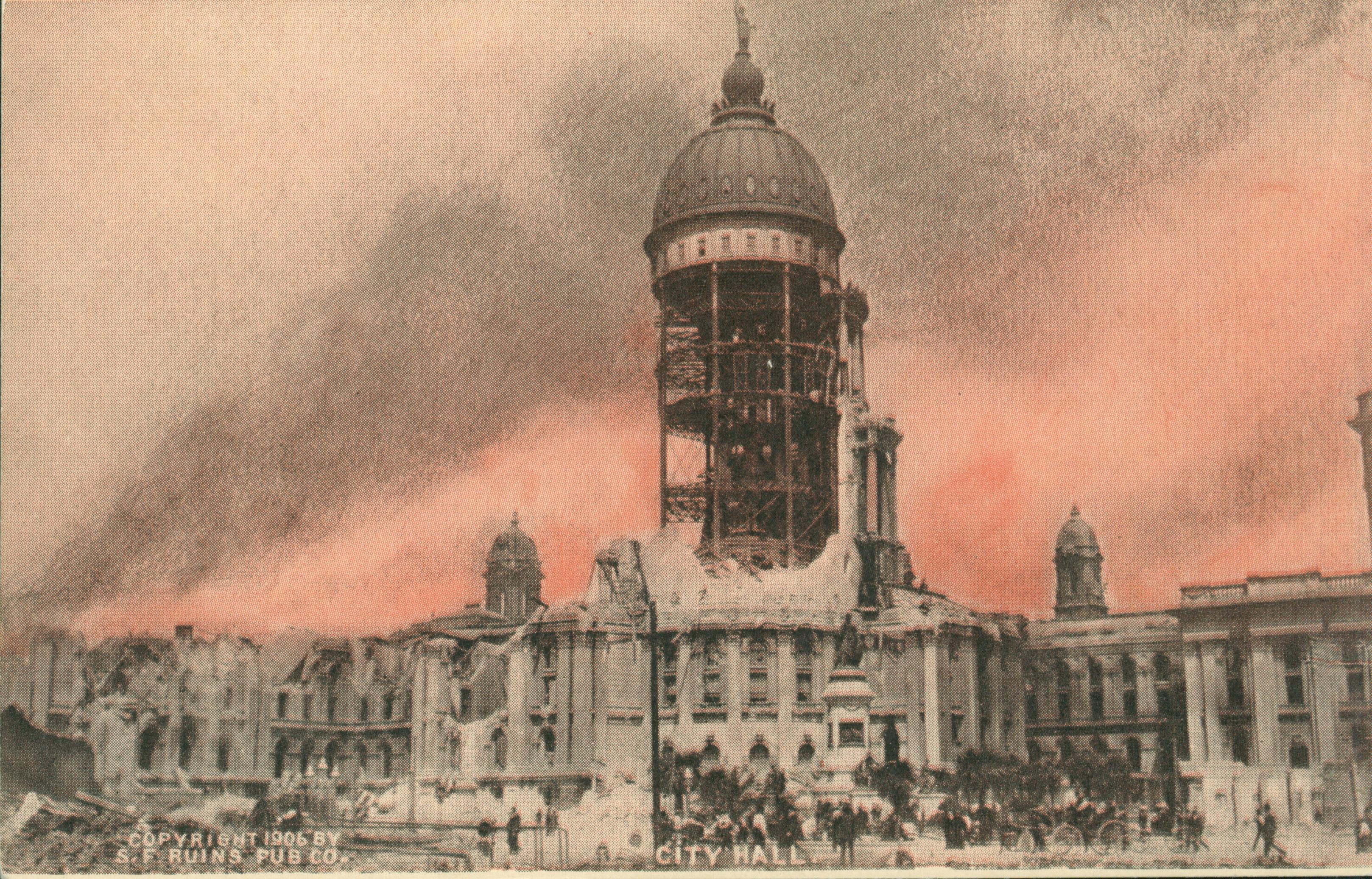 Shows the ruins of San Francisco's city hall with a fire raging in the background